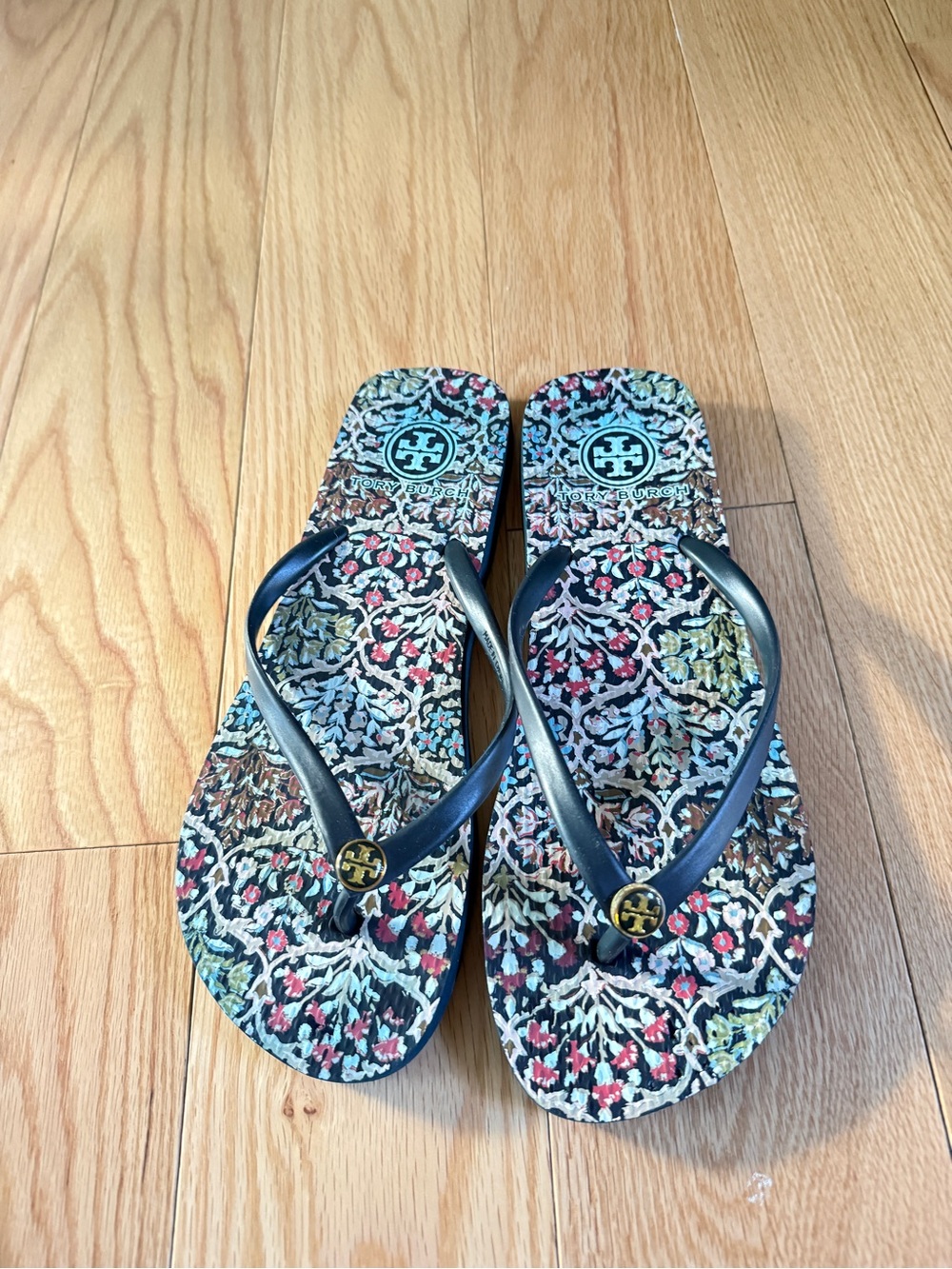 Tory Burch Multicolor Floral Print Flip Flops with Navy Straps